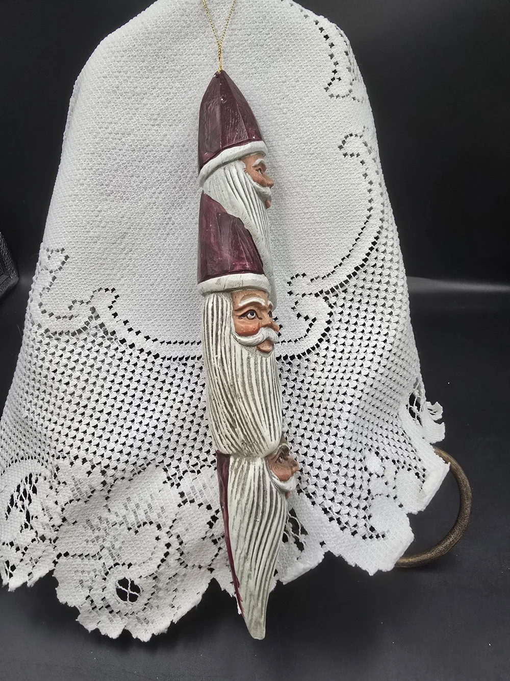 Triple Santa Hanging Ornament in White and Burgundy
